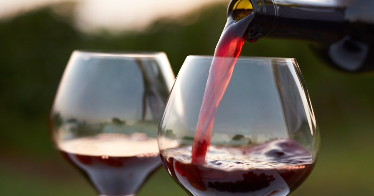 Pouring red wine into glasses in the vineyard at sunset